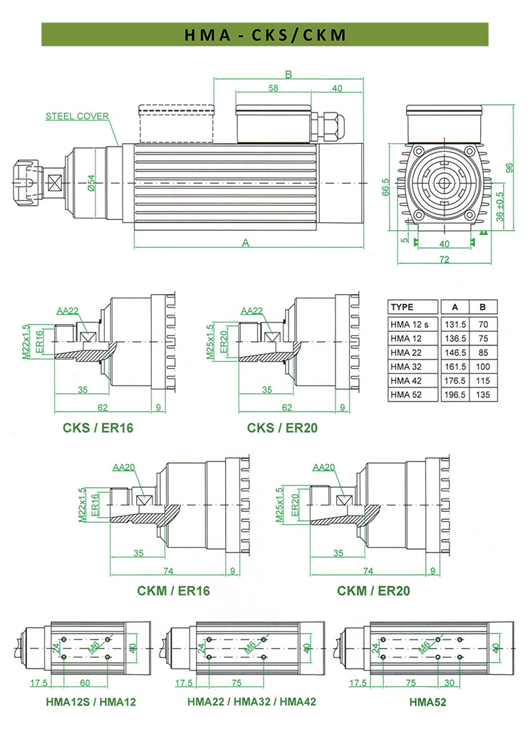 اسپیندل موتور هرتز Hertz - نقشه ابعاد موتور و شفت مدل HMA - CKS / CKM